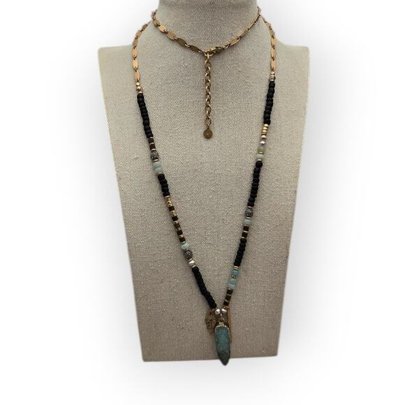 Gold & Black Beaded Green Druzy Pendant Stella & Dot Necklace - Picture 3 of 8